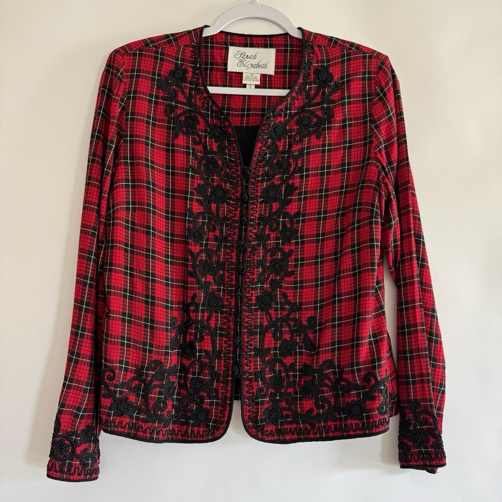 Vintage Red Black Plaid Embroidered Jacket 10 Whimsigoth Dark Academia Edwardian